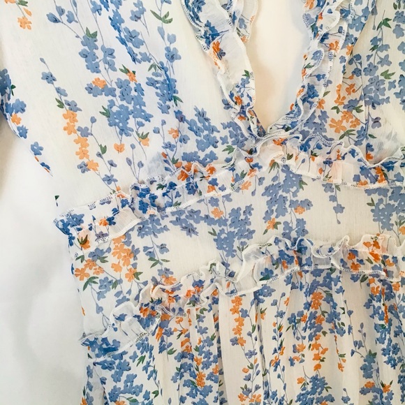 Blue and White Semi Sheer Floral Print Dress - Picture 6 of 15